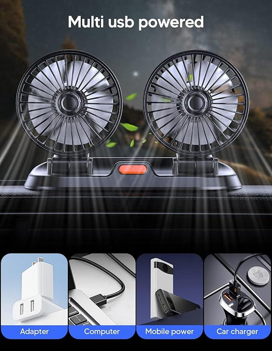 Universal Dual Head Car Fan – 12V Mini Electric 360 Rotatable Cooling Fan