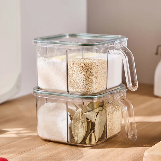 4-Grid Spice Storage Box – Multi-Section Seasoning Organizer with Spoon