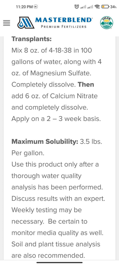 MASTERBLEND HYDROPONICS FERTILIZER 4-18-38 (IMPORTED USA) 250 GRAMS PACK Umbiz