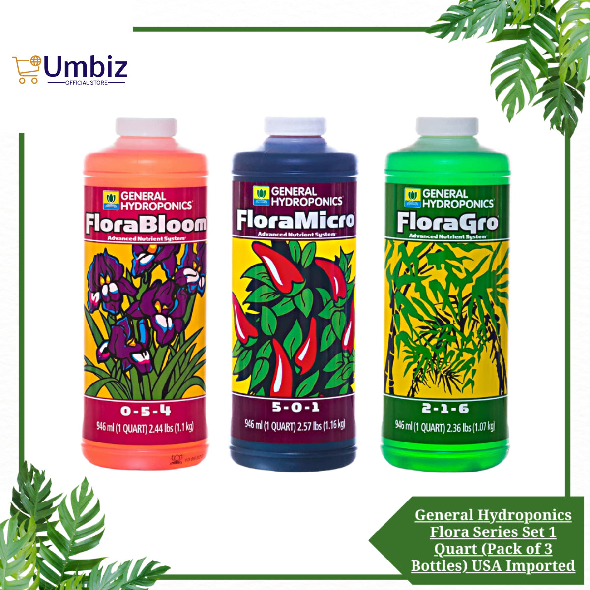 General Hydroponics Flora Series Set 1 Quart (Pack of 3 Bottles) USA Imported UMBIZ