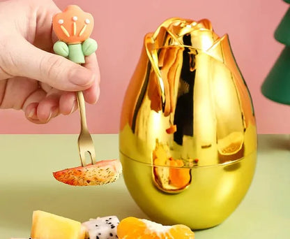 Luxury Rose-Shaped Fruit Fork Set with Golden Case