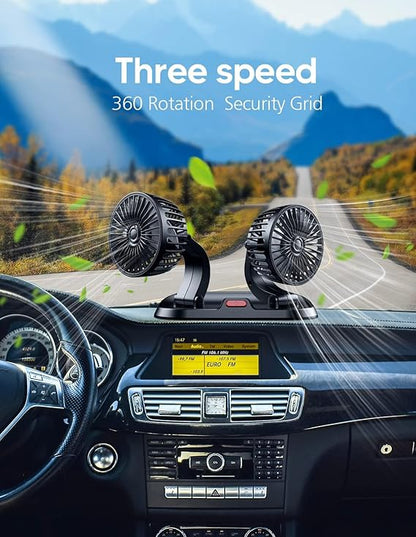 Universal Dual Head Car Fan – 12V Mini Electric 360 Rotatable Cooling Fan